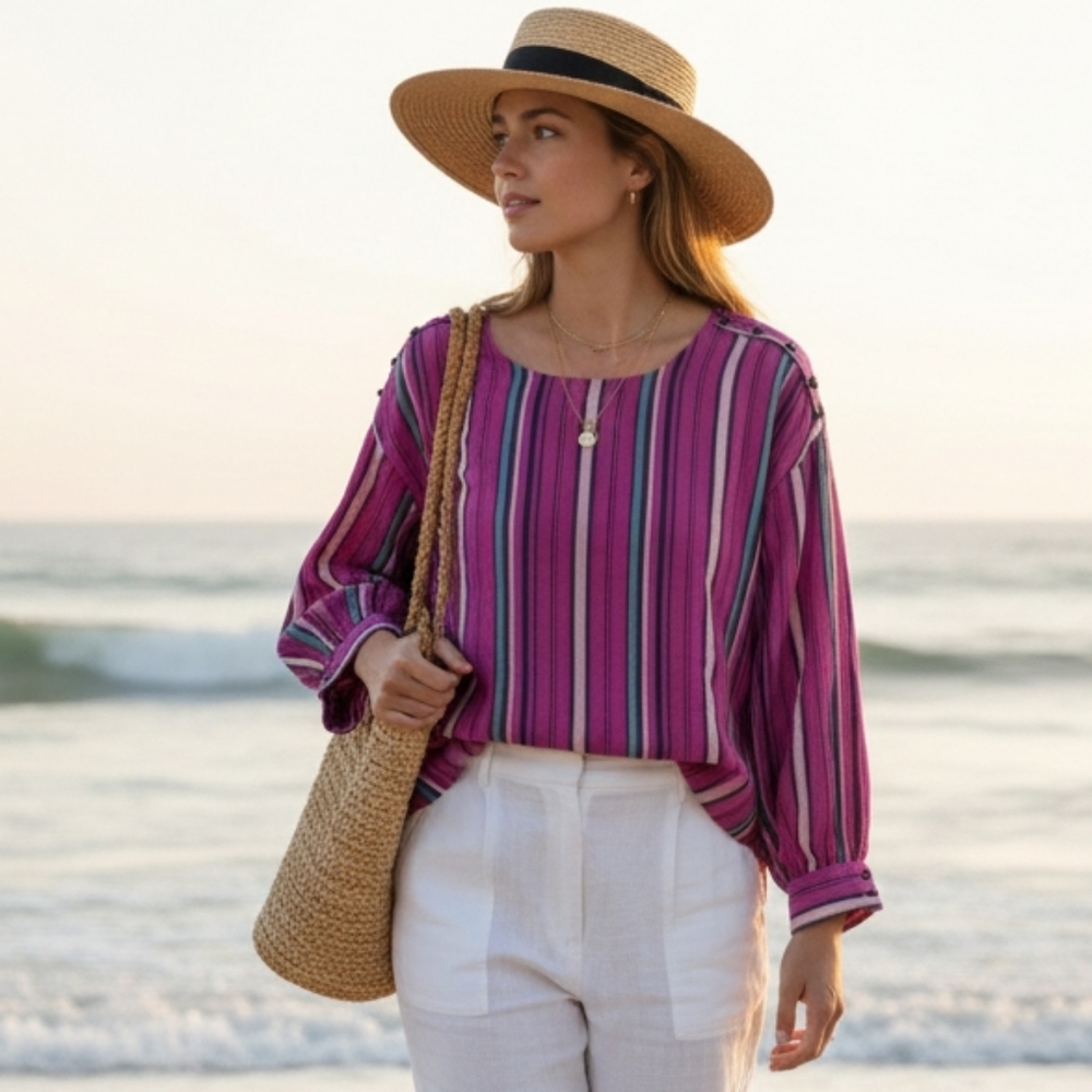 EUC Maeve Size Small Striped Coastal Preppy Button Linen Blend Blouse!!